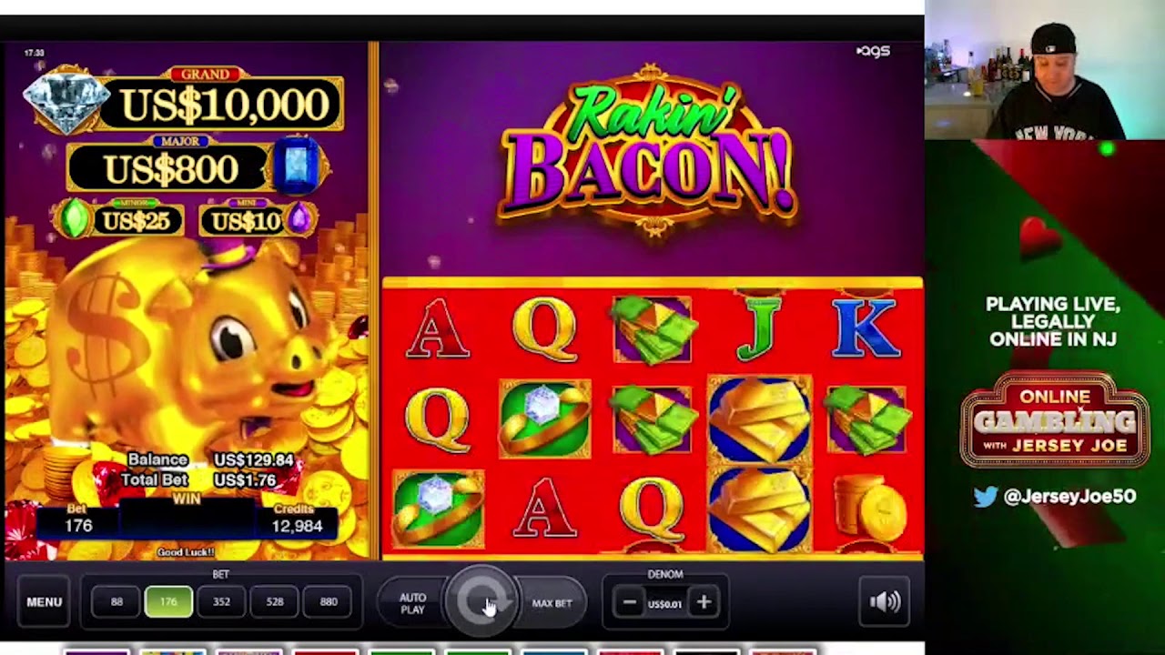 Rakin Bacon LIVE slots with BIG BONUS WIN [Online Gambling with Jersey Joe # 101]